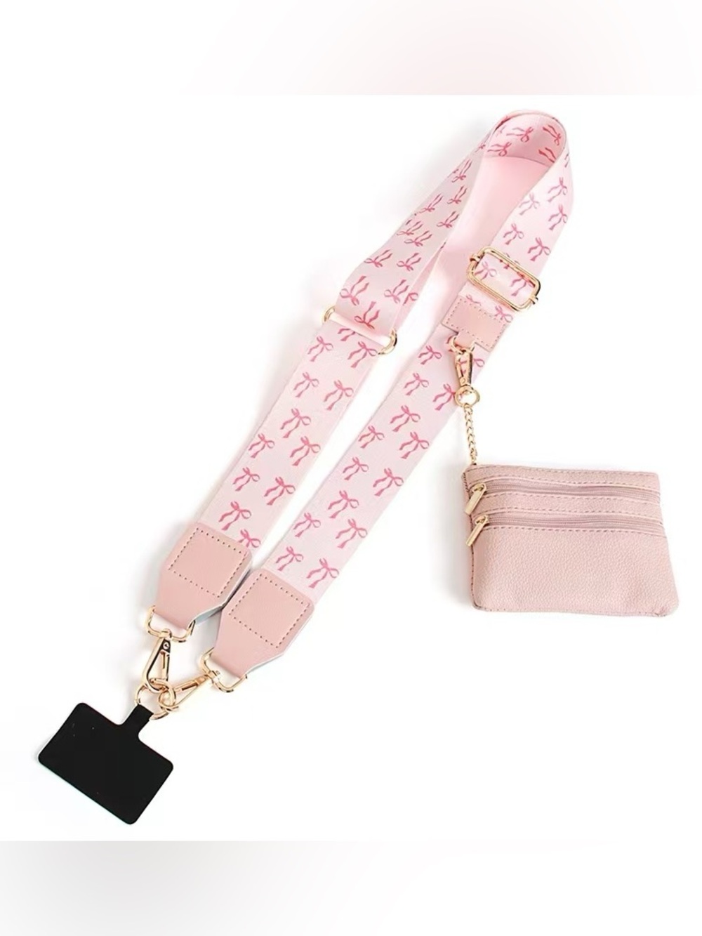 Pink Bow Pattern Clip & Go Crossbody strap with pink pouch